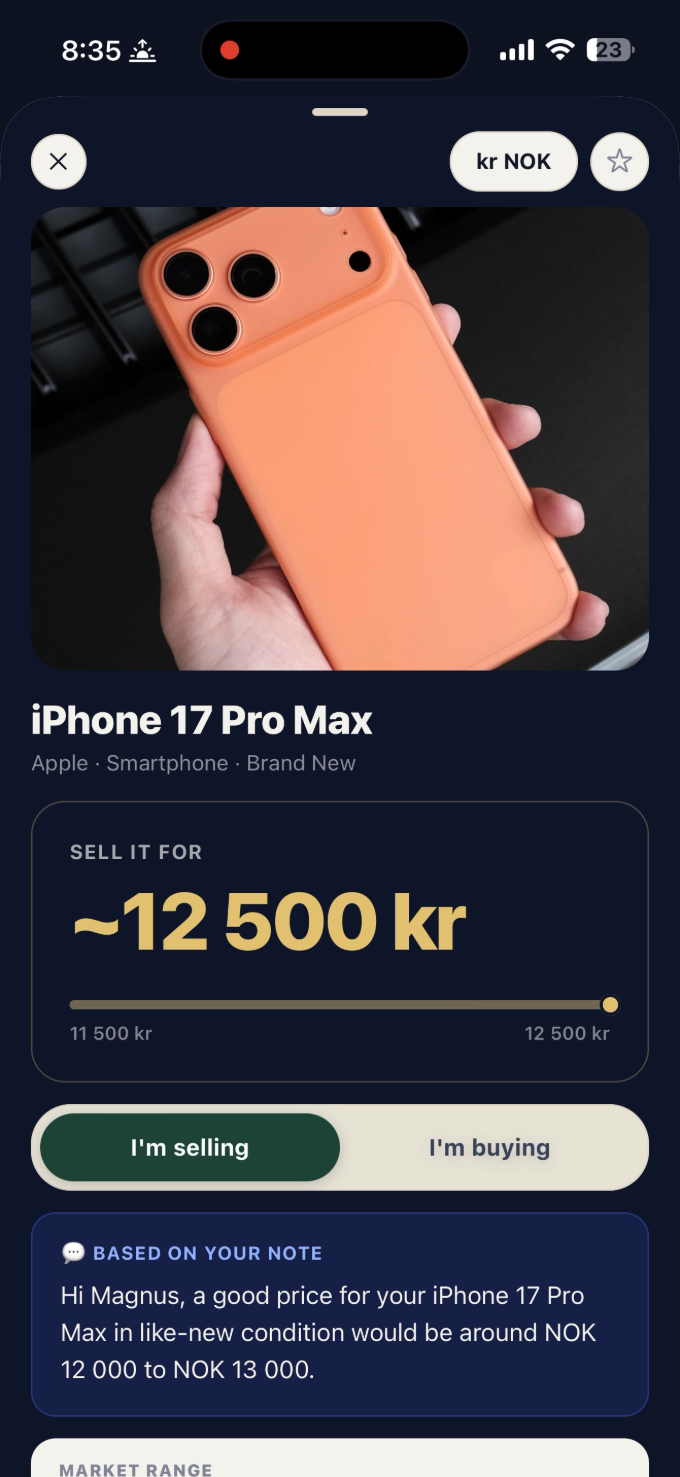 Pricer valuing an iPhone 17 Pro Max — sell it for about 12 500 kr, with price range and where the value is heading